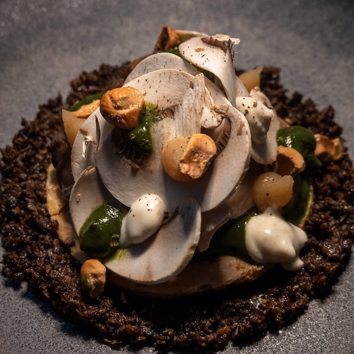 Lamelles de champignon de Paris, noisettes torréfiées, purée d’herbes et crème sur un lit sombre, dans une assiette grise